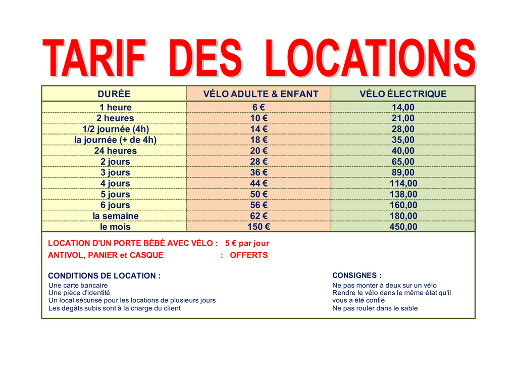 GRILLE TARIF LOCATION VELOS